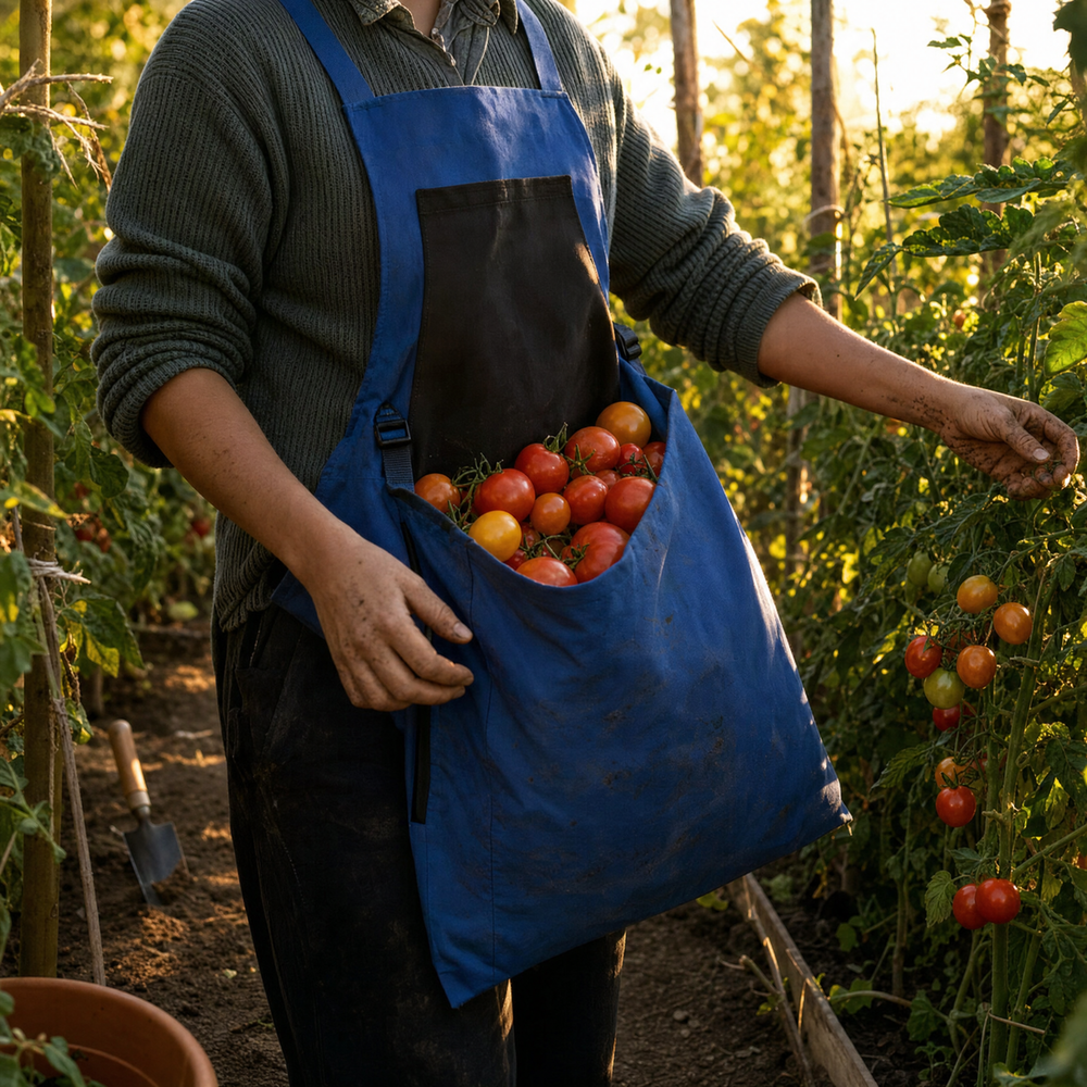 Récolte de tomates, les deux mains libres, poche ventrale pleine