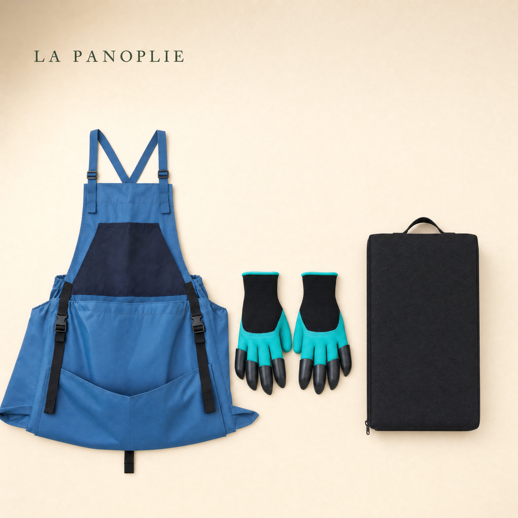 Pack La Panoplie : le tablier, les gants à griffes et le coussin genoux