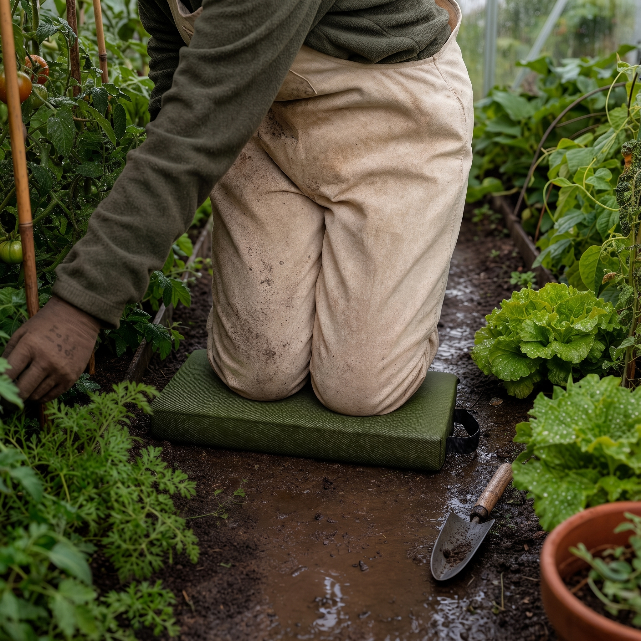 Coussin Genoux posé dans une allée de potager, jardinier agenouillé