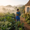 Jardinière au potager, la poche du tablier Terre Franche pleine de tomates