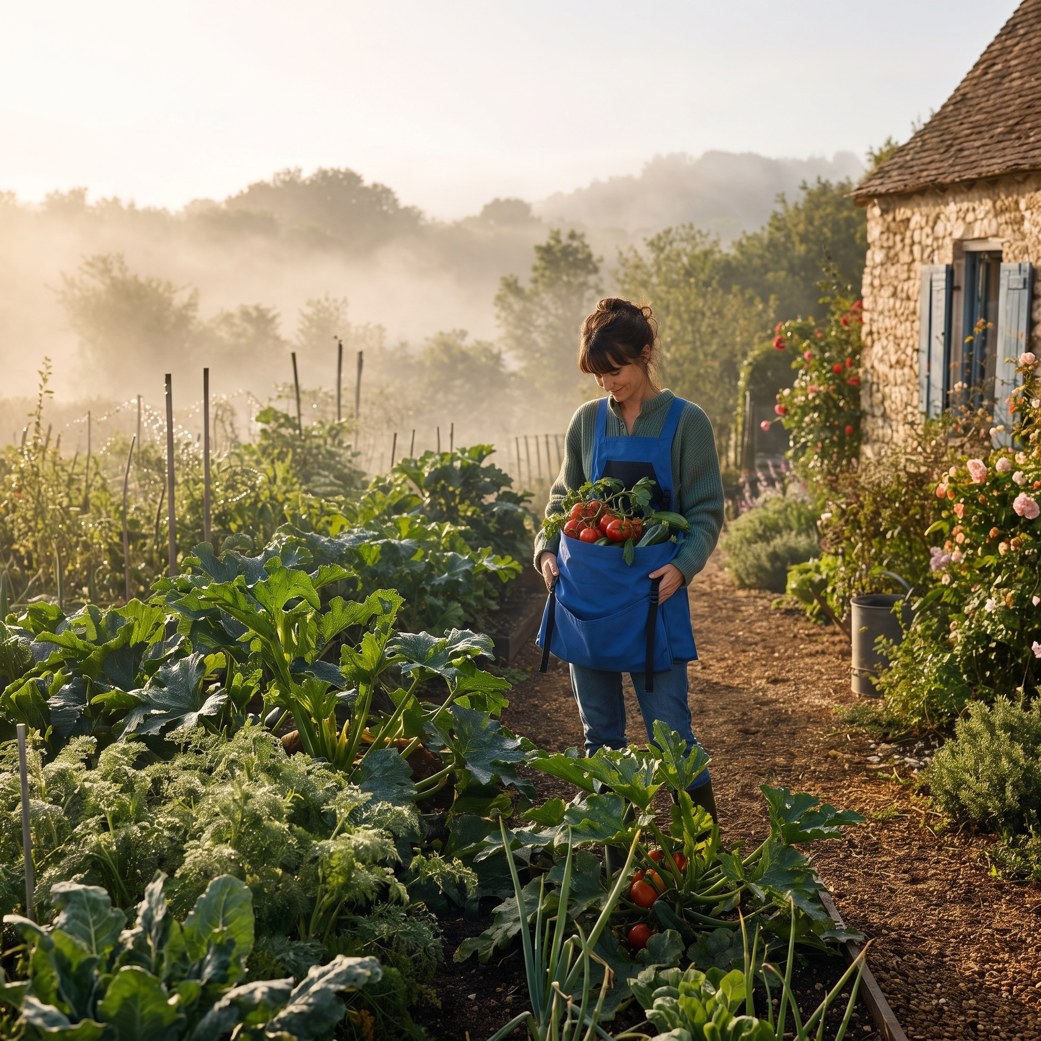 Jardinière au potager, la poche du tablier Terre Franche pleine de tomates