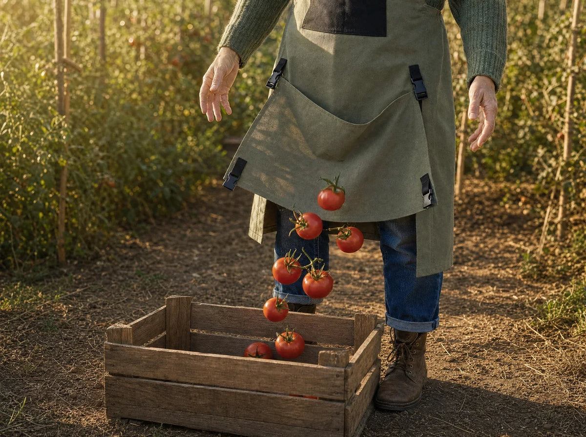 La récolte tombe du tablier dans un cageot en bois posé au sol, sans se pencher