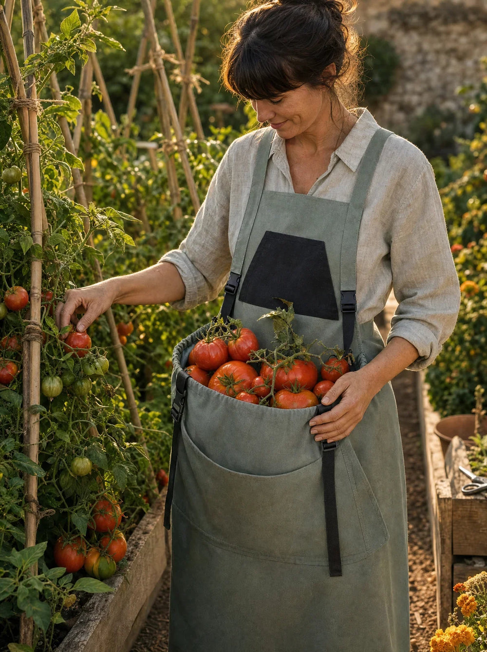 Une jardinière cueille des tomates dans la poche de son tablier de récolte, au potager