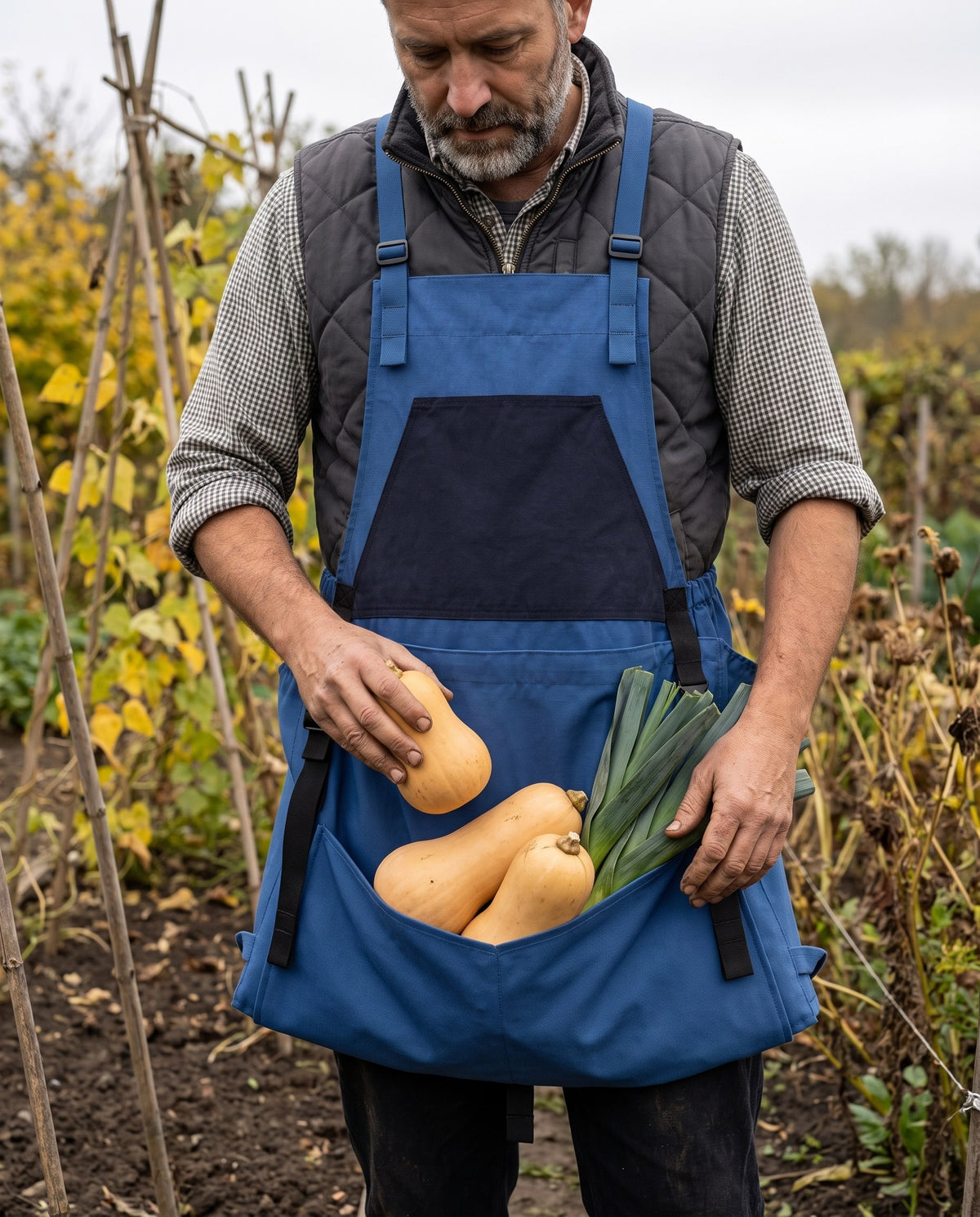 Récolte de courges, tout dans la poche en un seul passage