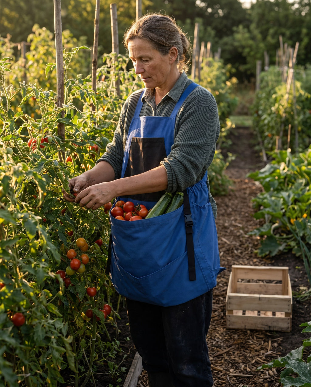 Le Tablier de Récolte Terre Franche porté, la poche pleine de tomates et de courgettes